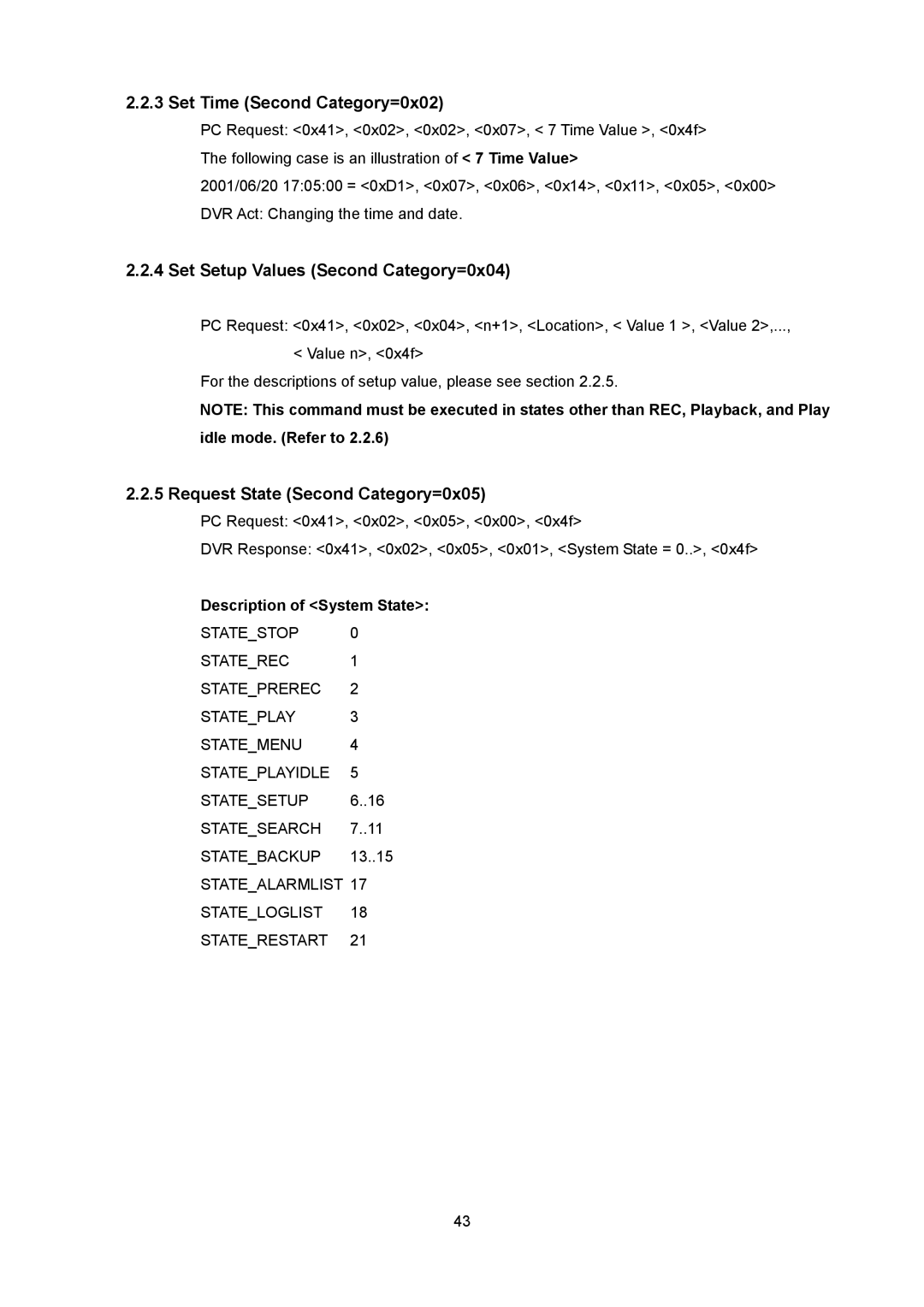 Toshiba KV-HD01A Set Time Second Category=0x02, Set Setup Values Second Category=0x04, Request State Second Category=0x05 