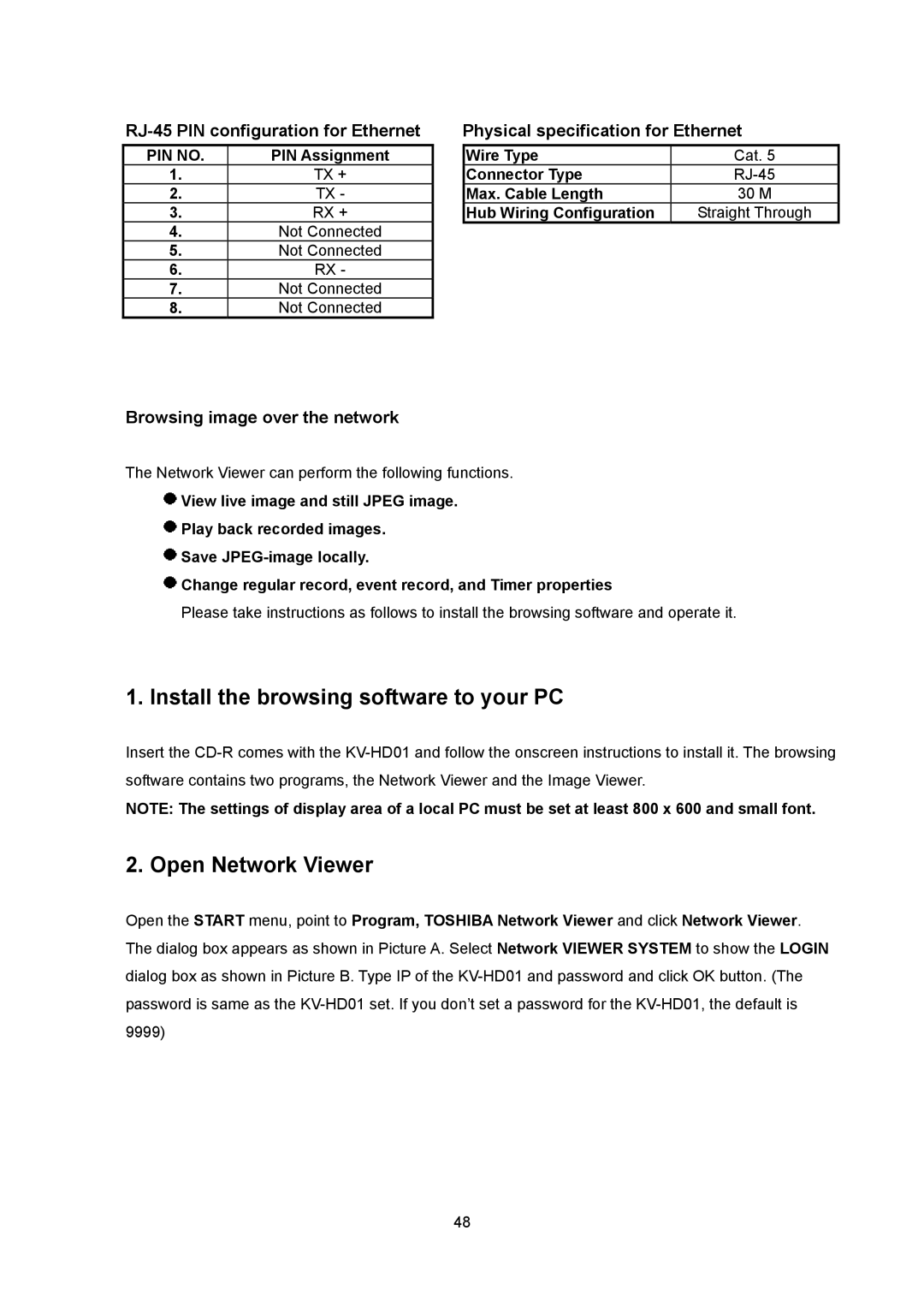 Toshiba KV-HD01A manual Install the browsing software to your PC, Open Network Viewer, RJ-45 PIN configuration for Ethernet 