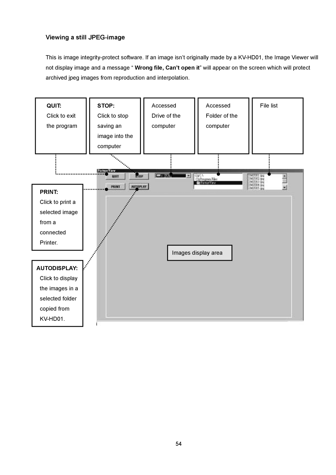 Toshiba KV-HD01A manual Viewing a still JPEG-image, Quit, Print, Stop, Autodisplay 