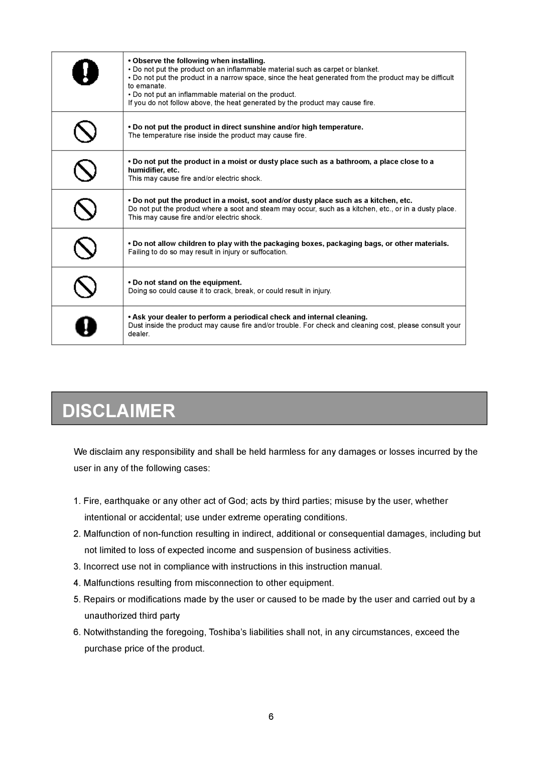 Toshiba KV-HD01A manual Disclaimer, Observe the following when installing 