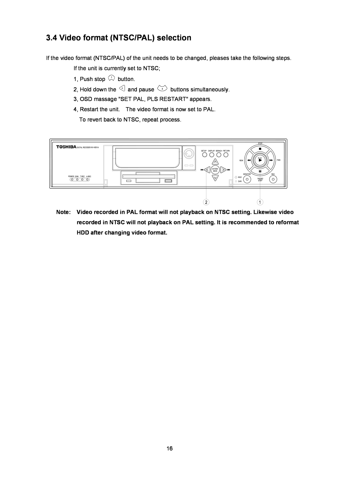 Toshiba KV-HD01A manual Video format NTSC/PAL selection 