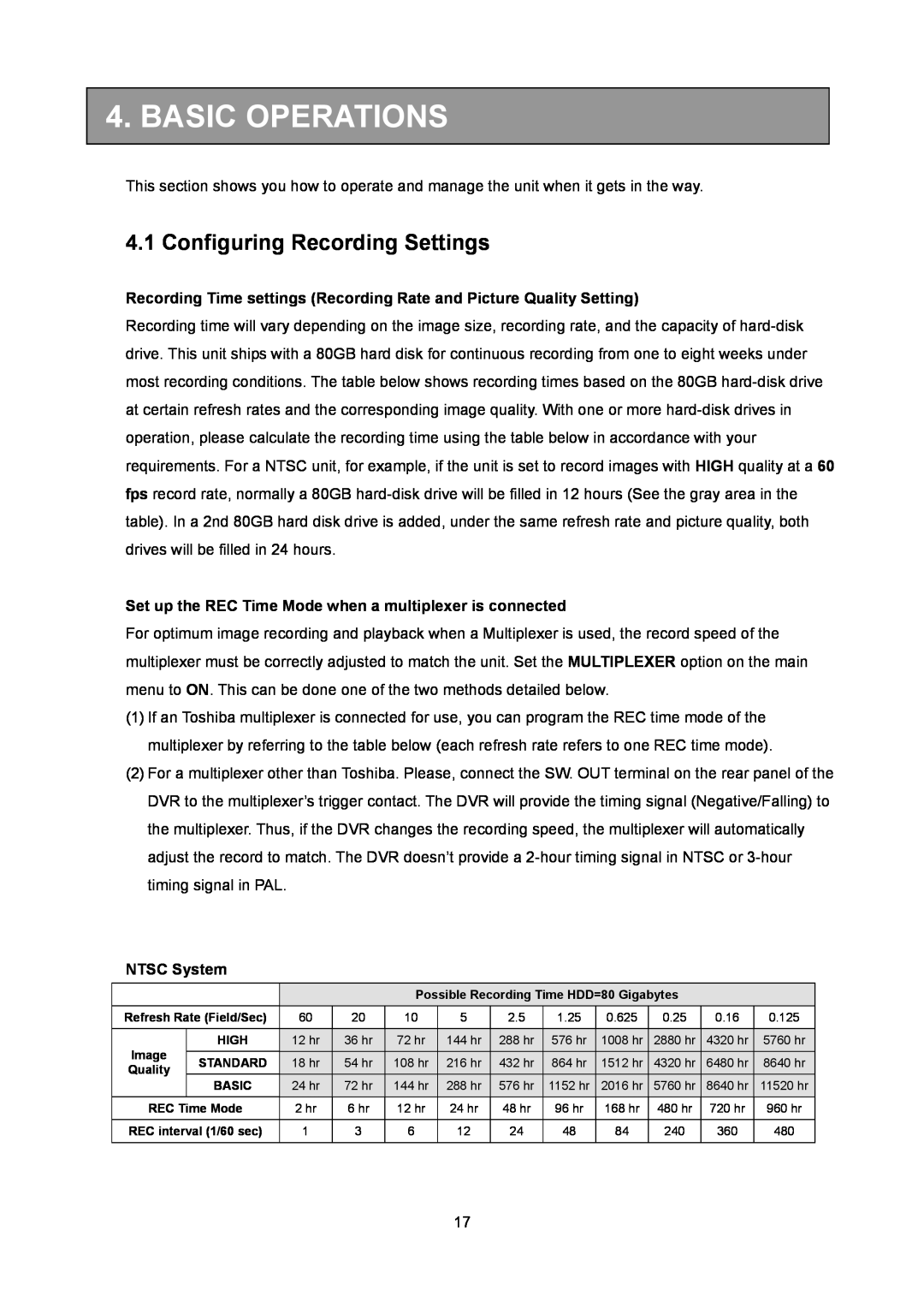 Toshiba KV-HD01A manual Basic Operations, Configuring Recording Settings 