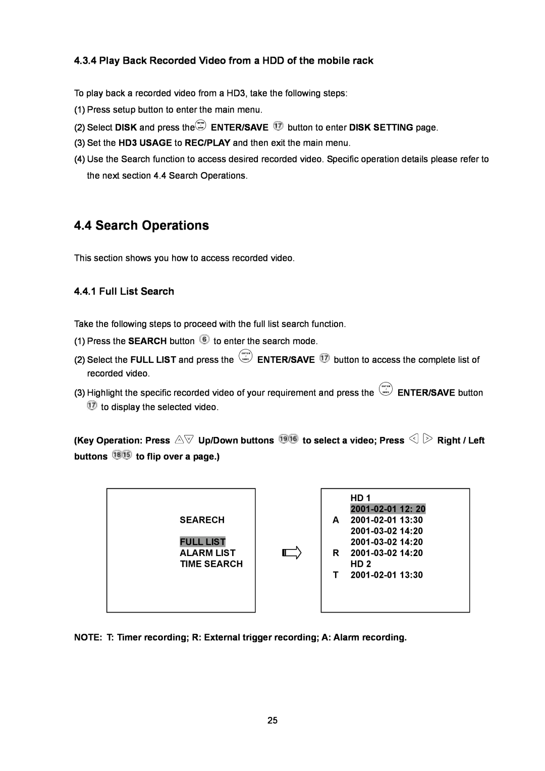 Toshiba KV-HD01A manual Search Operations, Play Back Recorded Video from a HDD of the mobile rack, Full List Search 