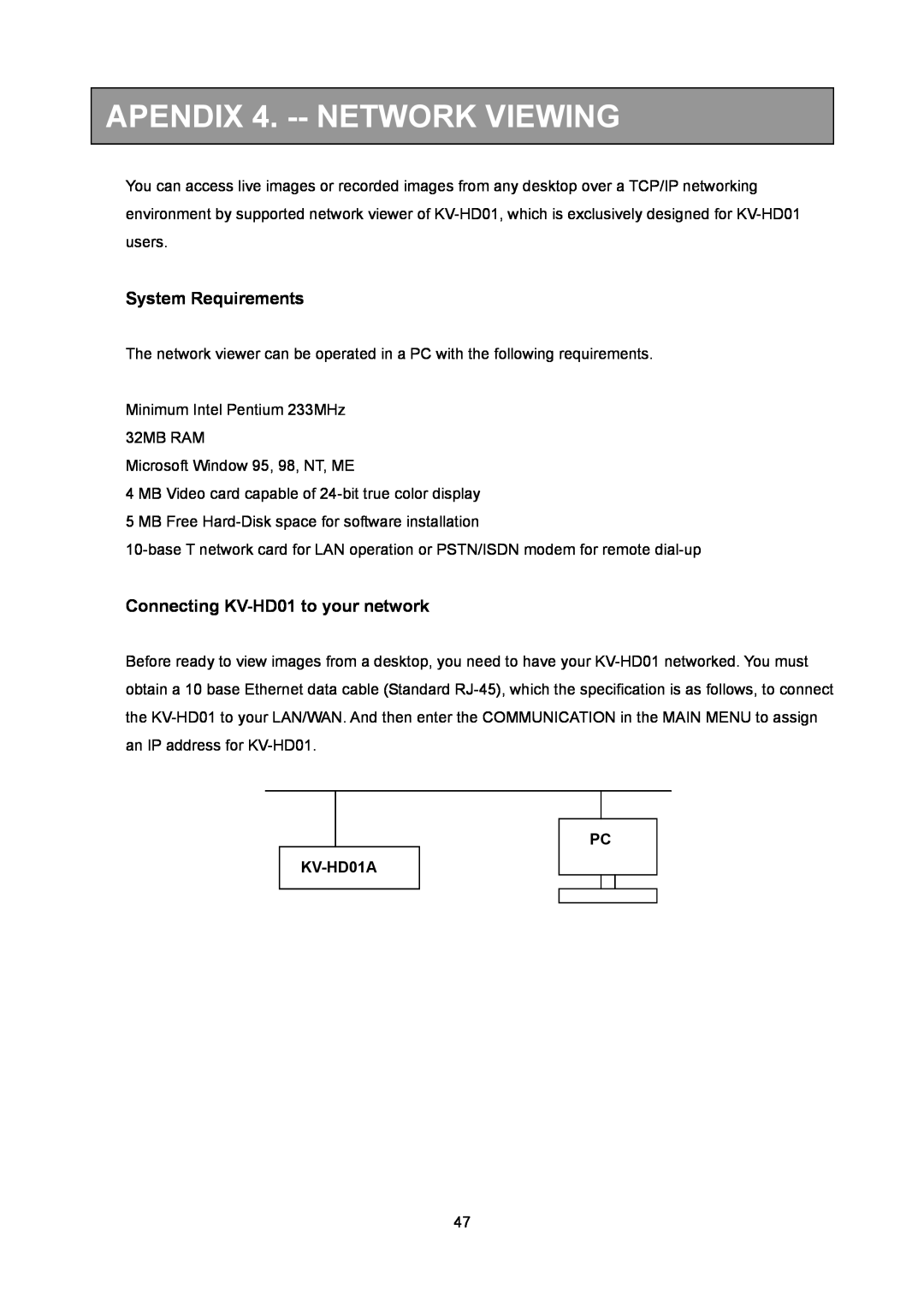 Toshiba KV-HD01A manual APENDIX 4. -- NETWORK VIEWING, System Requirements, Connecting KV-HD01 to your network 