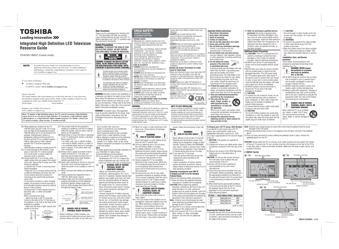 Toshiba user service Dear Customer, Safety Precautions, L1460UC Series 32 TV, 40 TV 