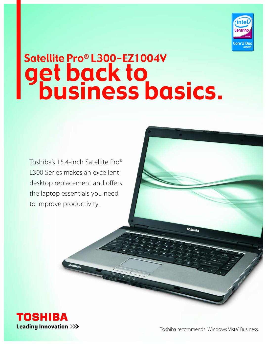 Toshiba manual get back to business basics, atellite Pro L300-EZ1004V, Toshiba recommends Windows Vista Business 
