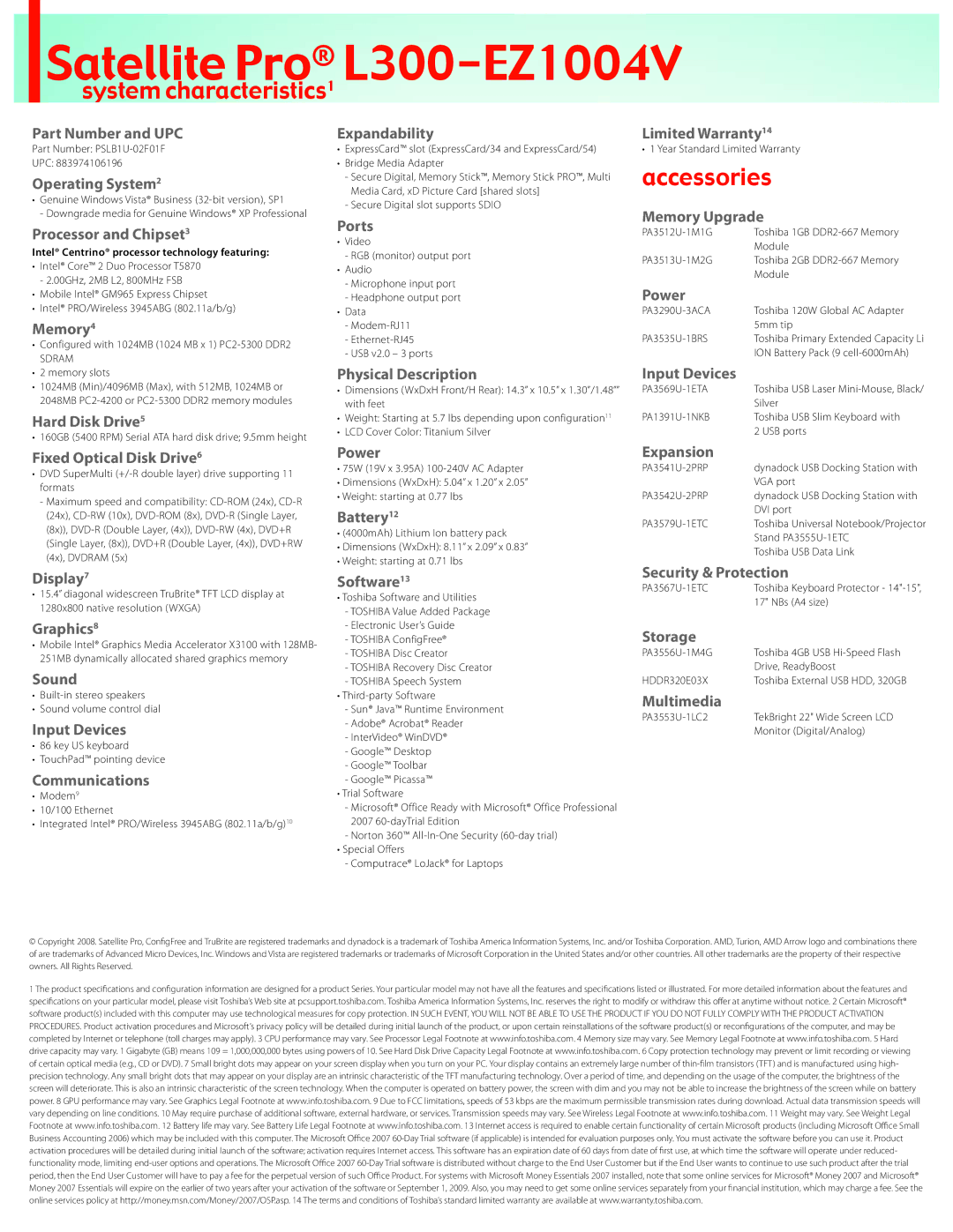Toshiba L300-EZ1004V Part Number and UPC, Operating System2, Processor and Chipset3, Memory4, Hard Disk Drive5, Display7 