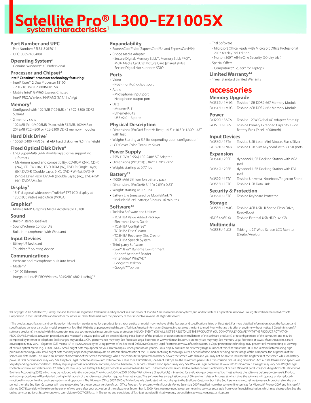 Toshiba L300-EZ1005X Part Number and UPC, Operating System2, Processor and Chipset3, Memory4, Hard Disk Drive5, Display7 