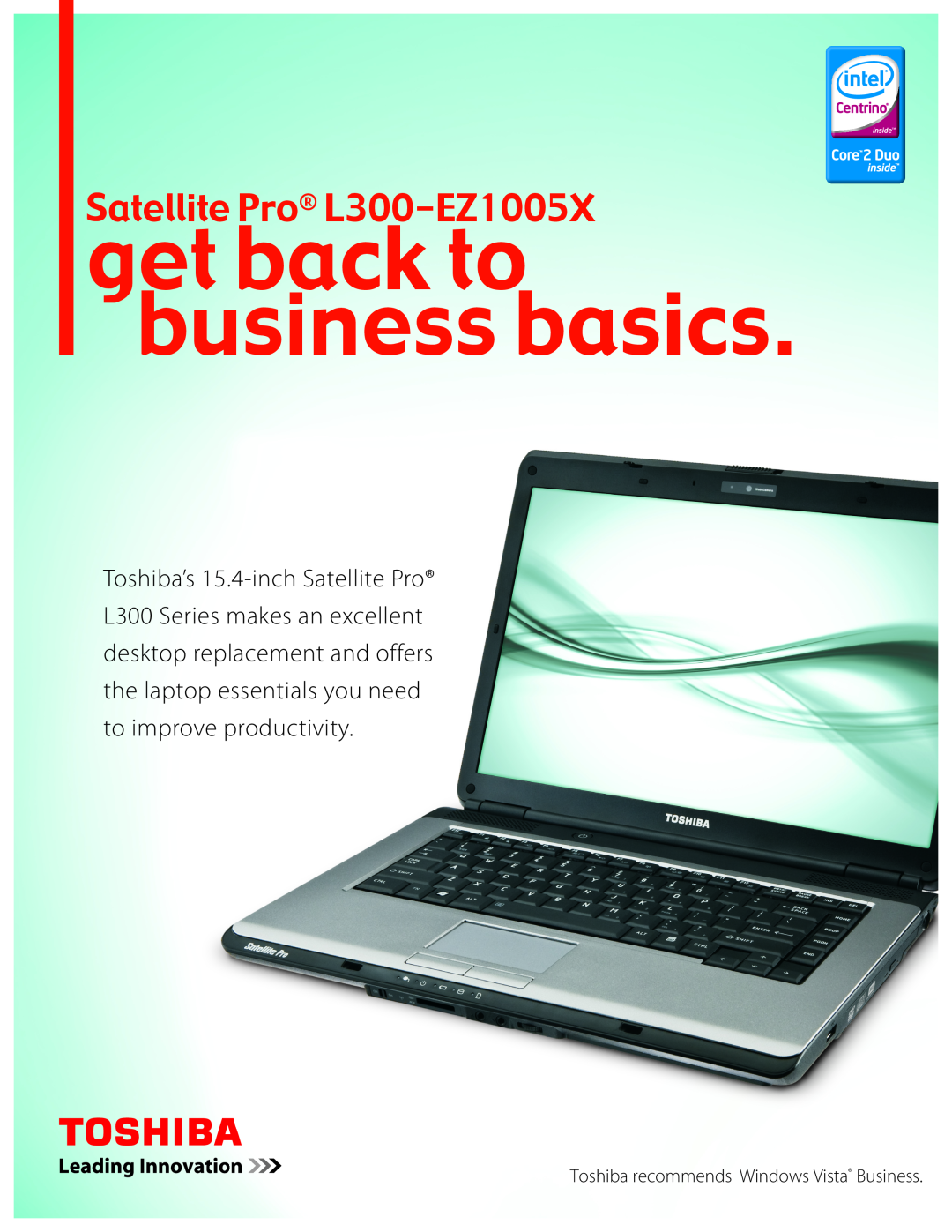 Toshiba manual get back to business basics, atellite Pro L300-EZ1005X, Toshiba recommends Windows Vista Business 
