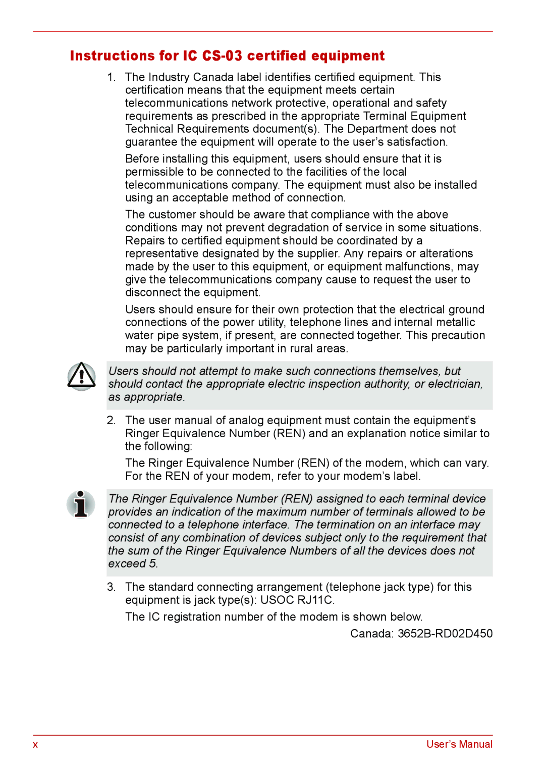 Toshiba L310 user manual Instructions for IC CS-03 certified equipment 