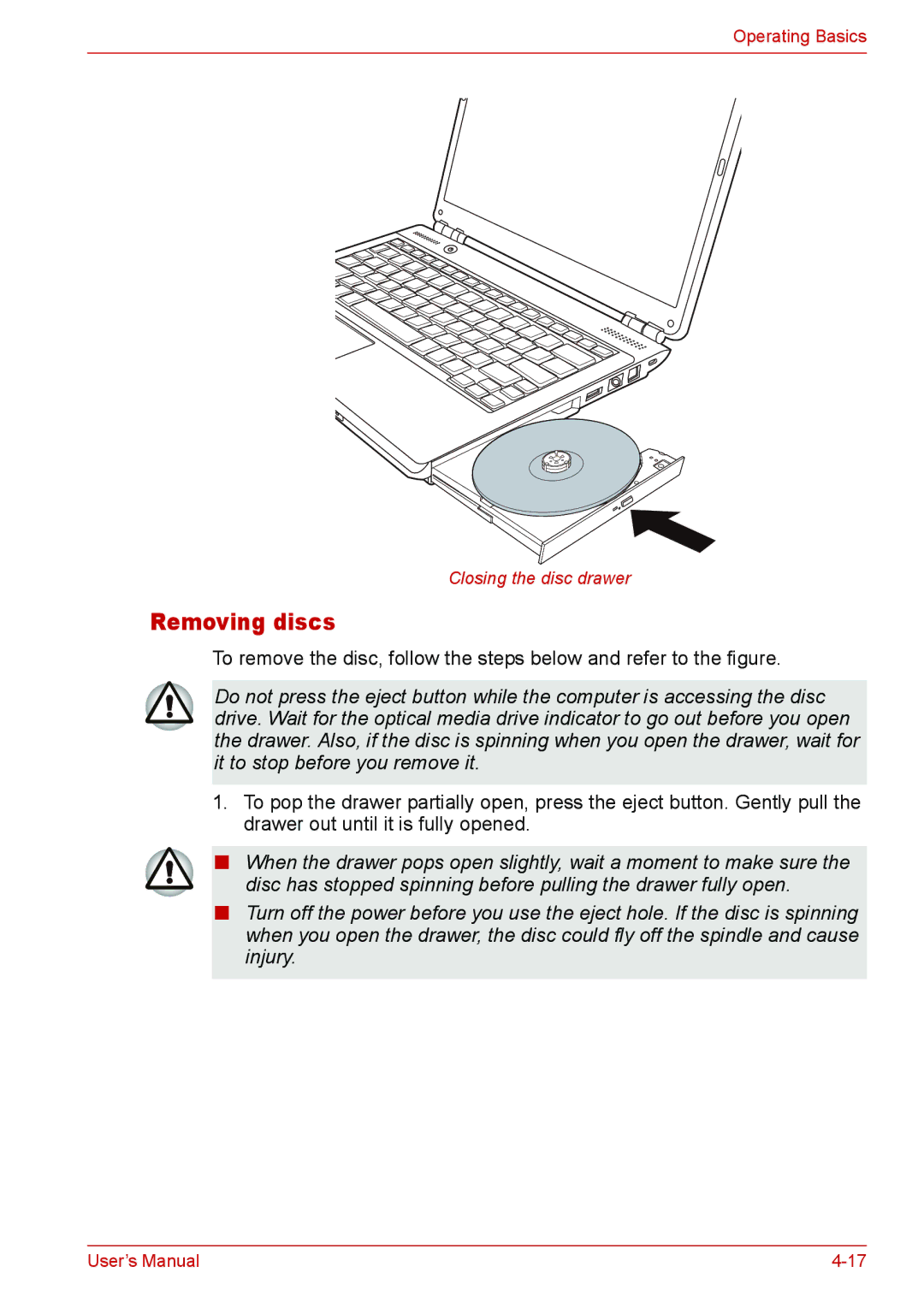 Toshiba L310 user manual Removing discs 