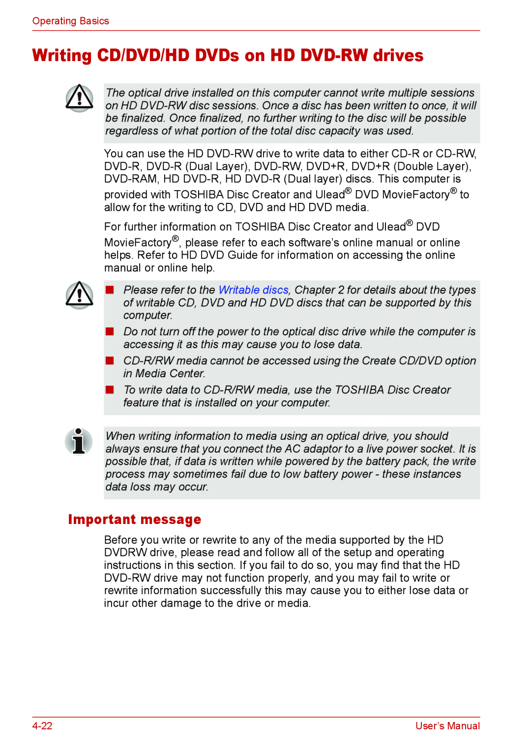 Toshiba L310 user manual Writing CD/DVD/HD DVDs on HD DVD-RW drives, Important message 