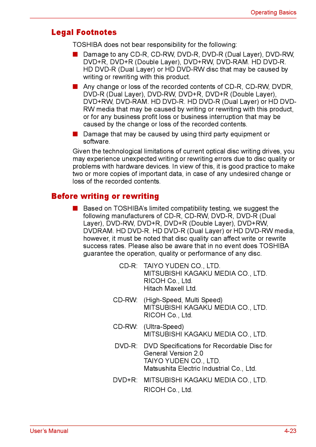 Toshiba L310 user manual Legal Footnotes, Before writing or rewriting 