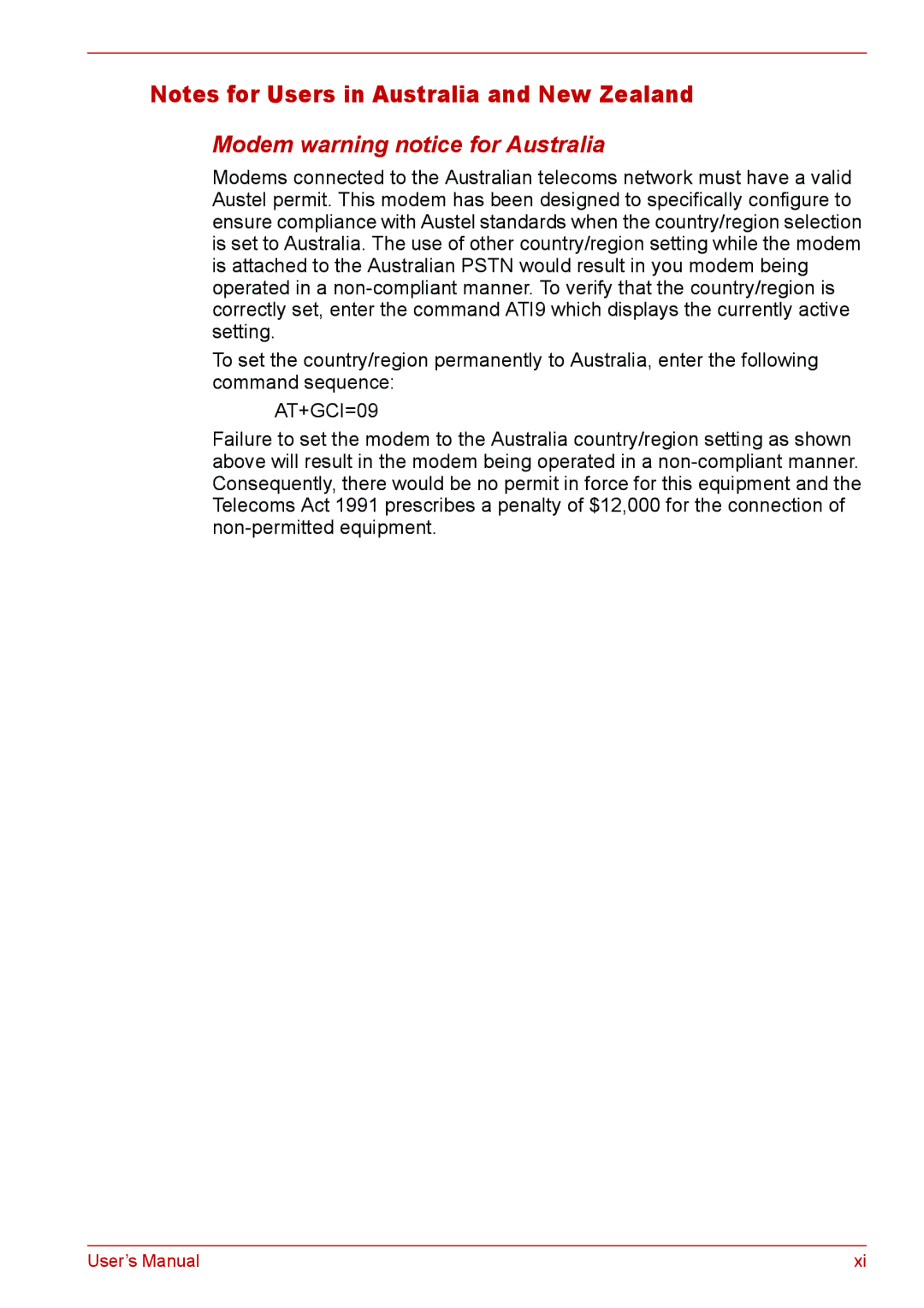 Toshiba L310 user manual Modem warning notice for Australia, AT+GCI=09 