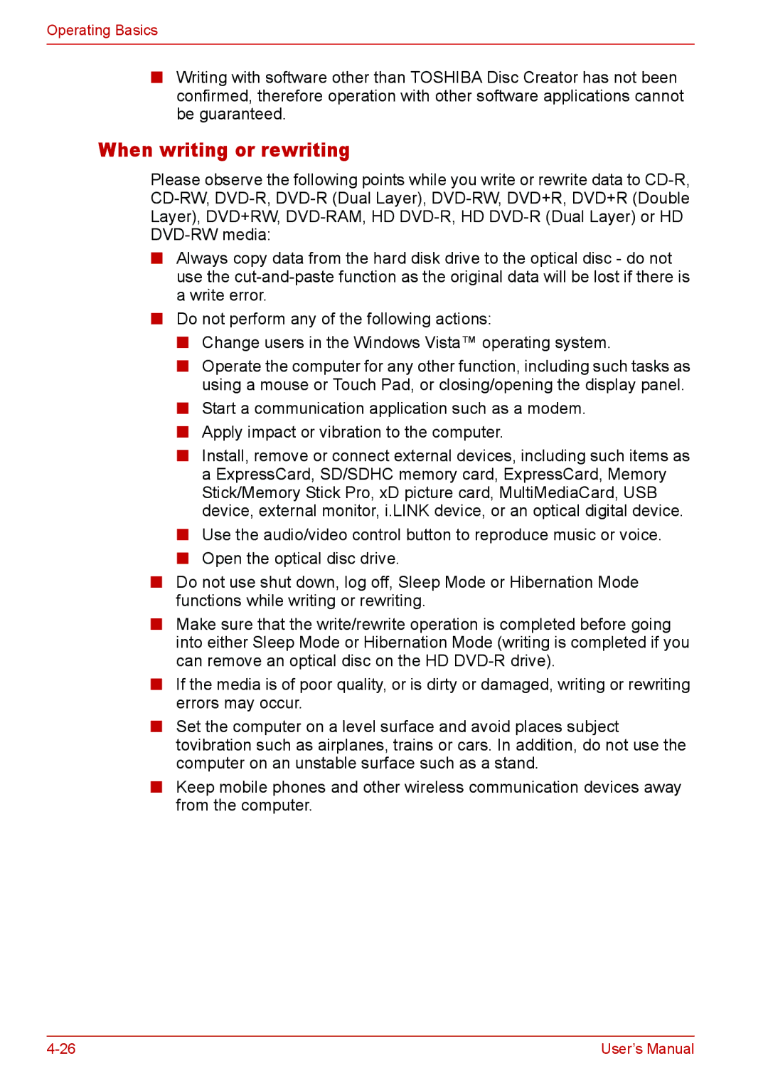 Toshiba L310 user manual When writing or rewriting 