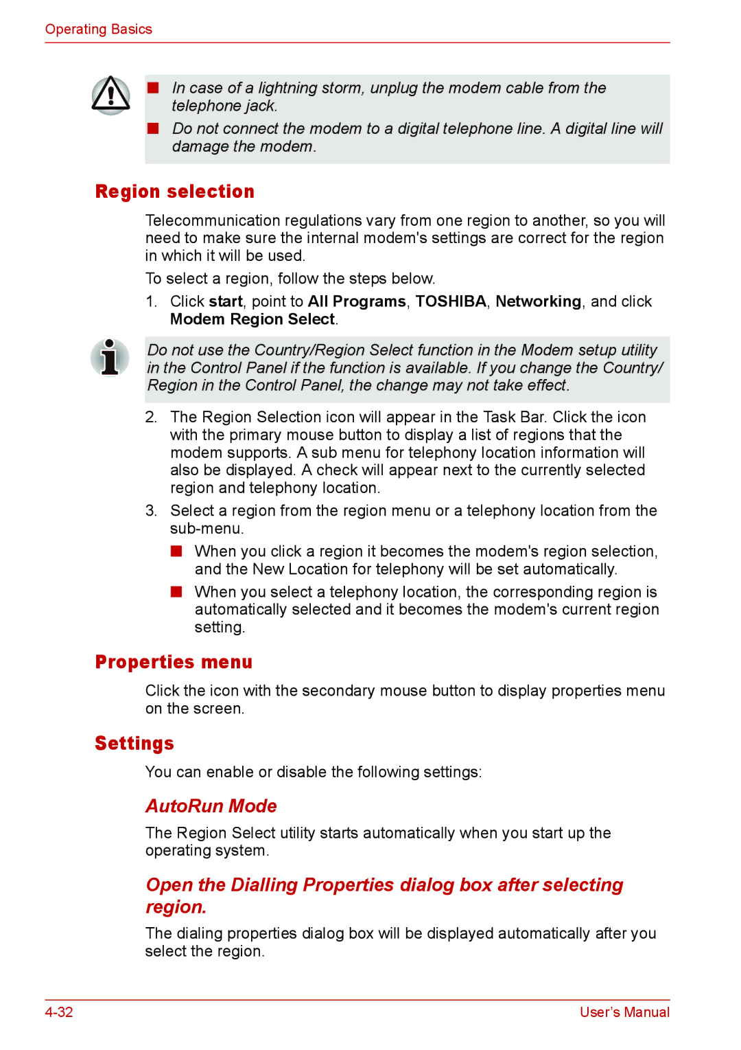 Toshiba L310 user manual Properties menu, Settings, AutoRun Mode 