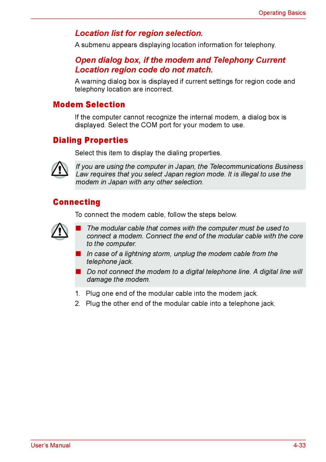 Toshiba L310 user manual Modem Selection, Dialing Properties, Connecting, Location list for region selection 