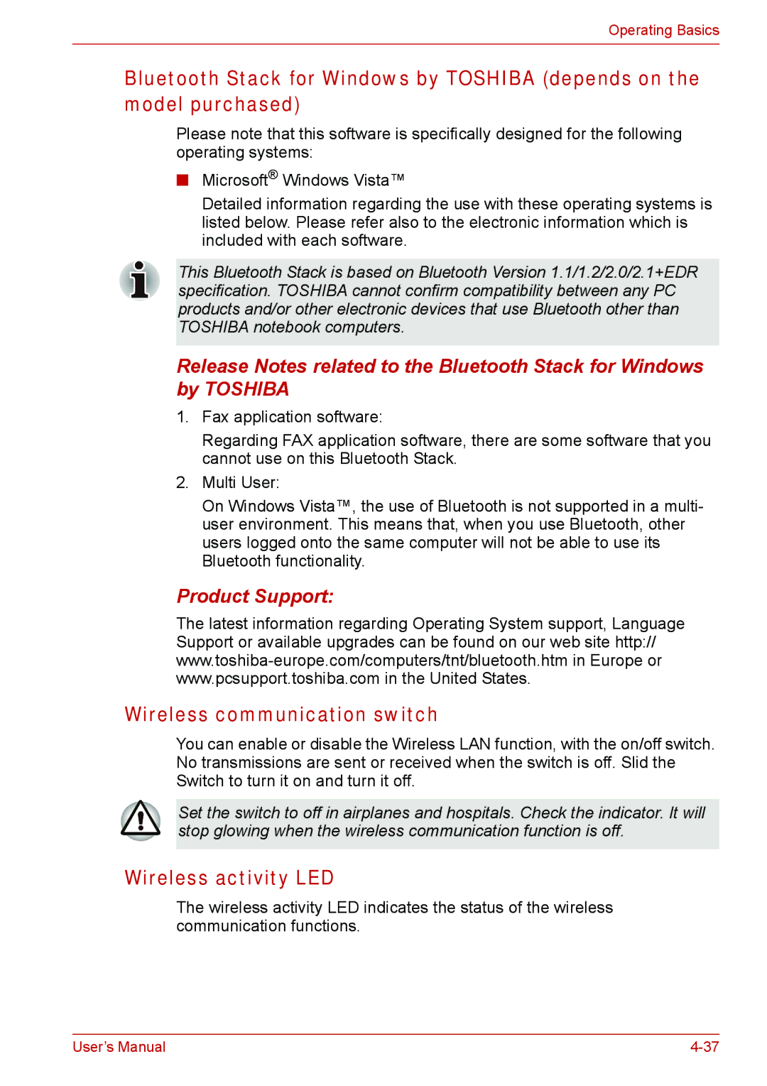 Toshiba L310 user manual Wireless communication switch, Wireless activity LED, Product Support 