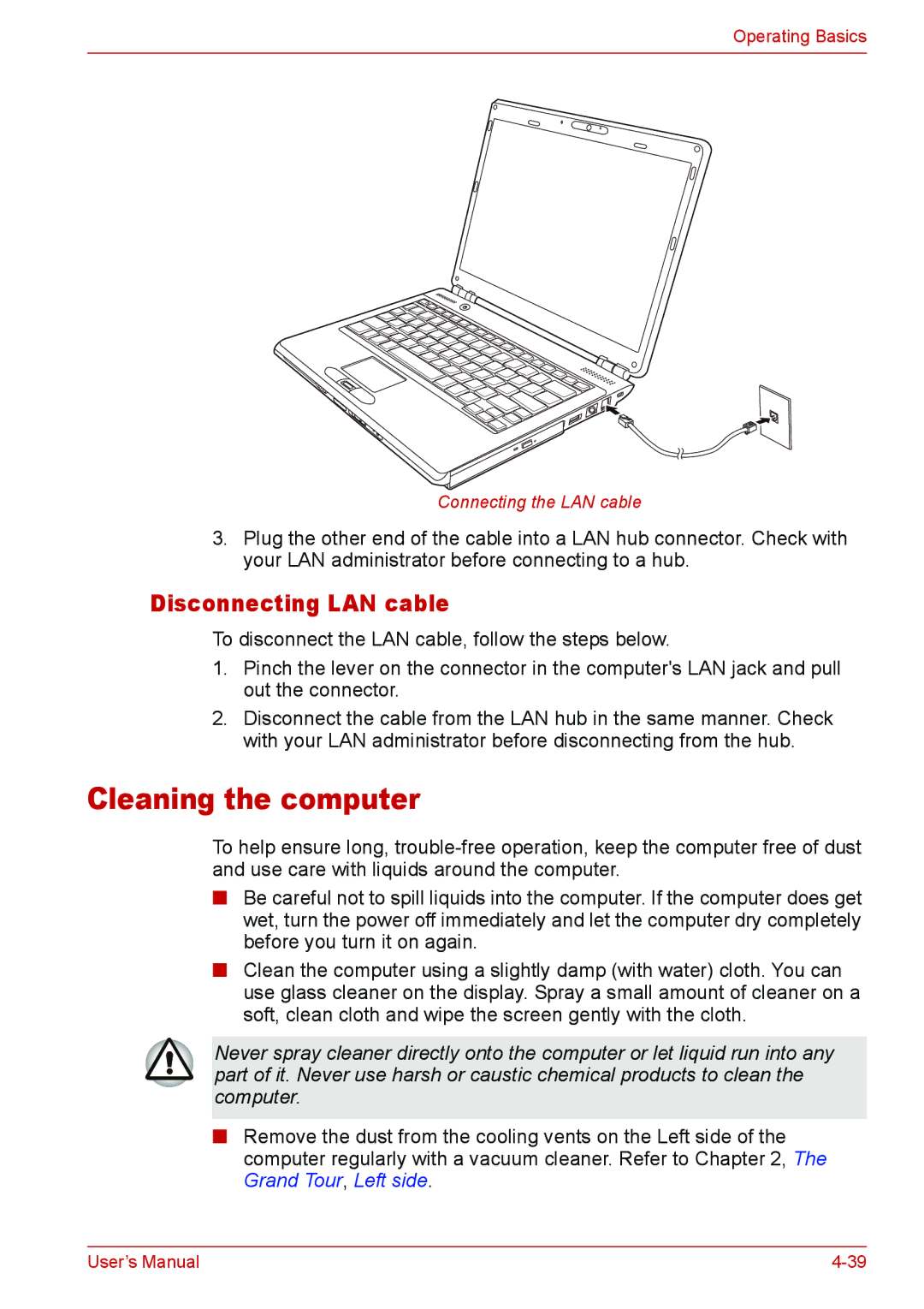 Toshiba L310 user manual Cleaning the computer, Disconnecting LAN cable 