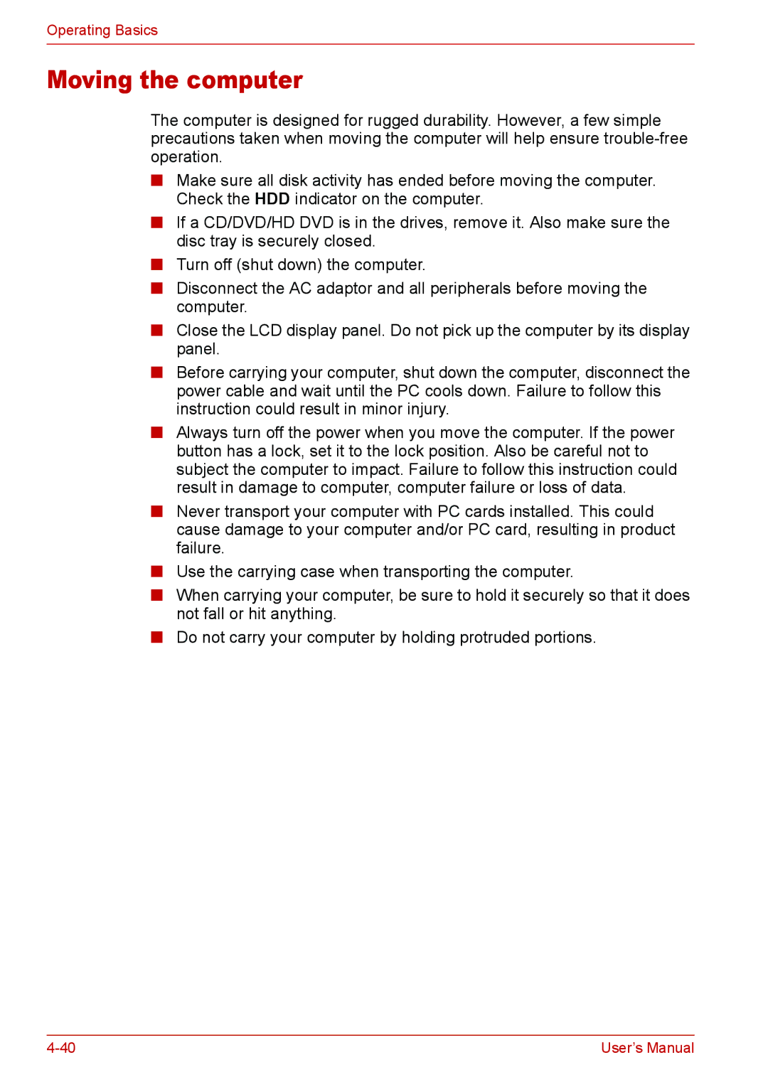 Toshiba L310 user manual Moving the computer 