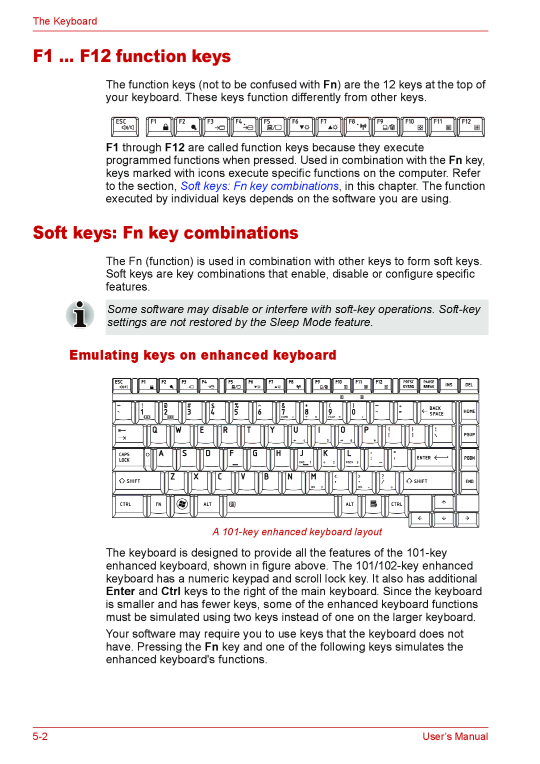 Toshiba L310 user manual F1 ... F12 function keys, Soft keys Fn key combinations, Emulating keys on enhanced keyboard 