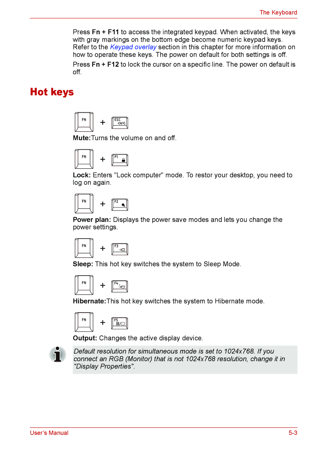 Toshiba L310 user manual Hot keys 