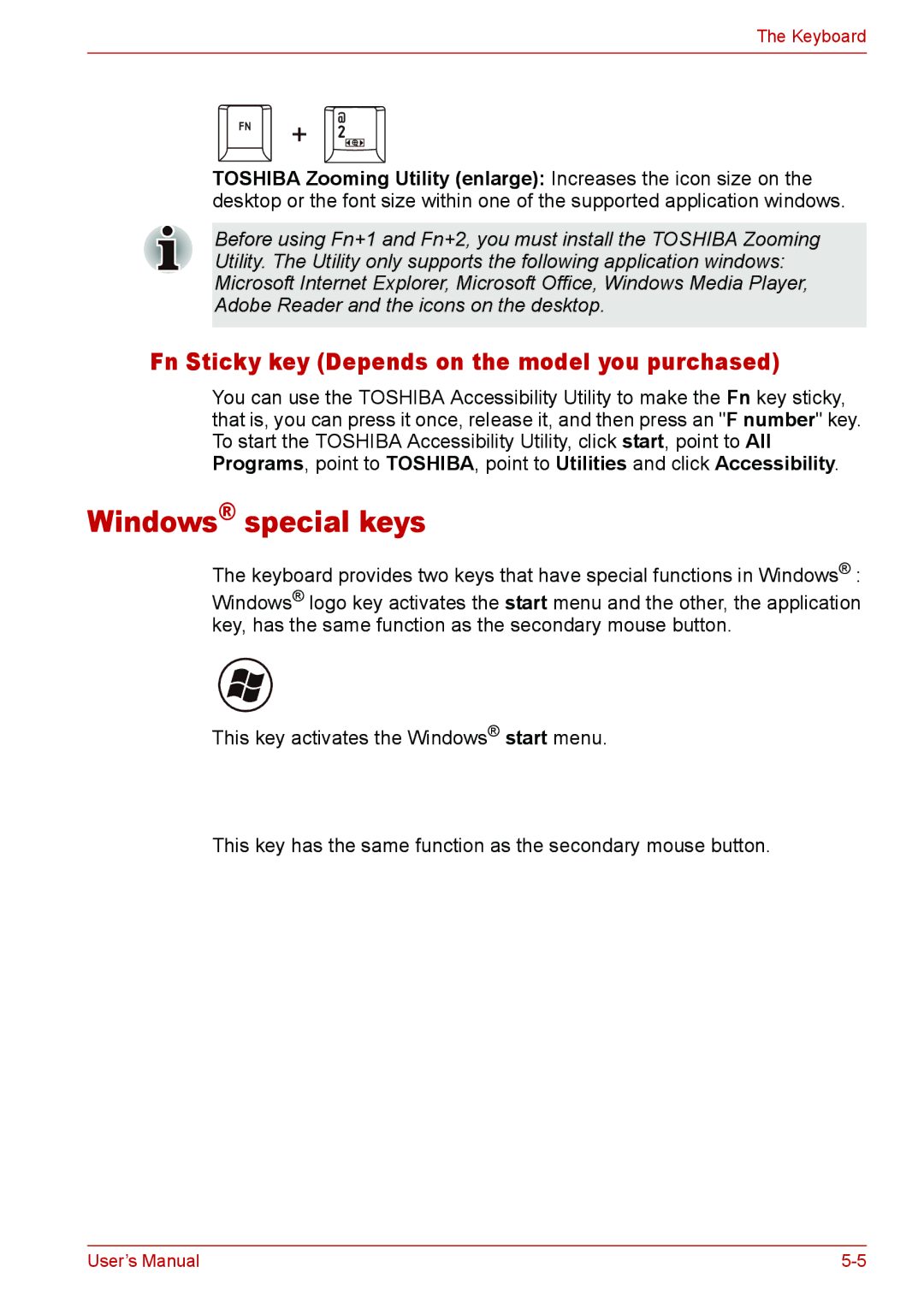 Toshiba L310 user manual Windows special keys, Fn Sticky key Depends on the model you purchased 