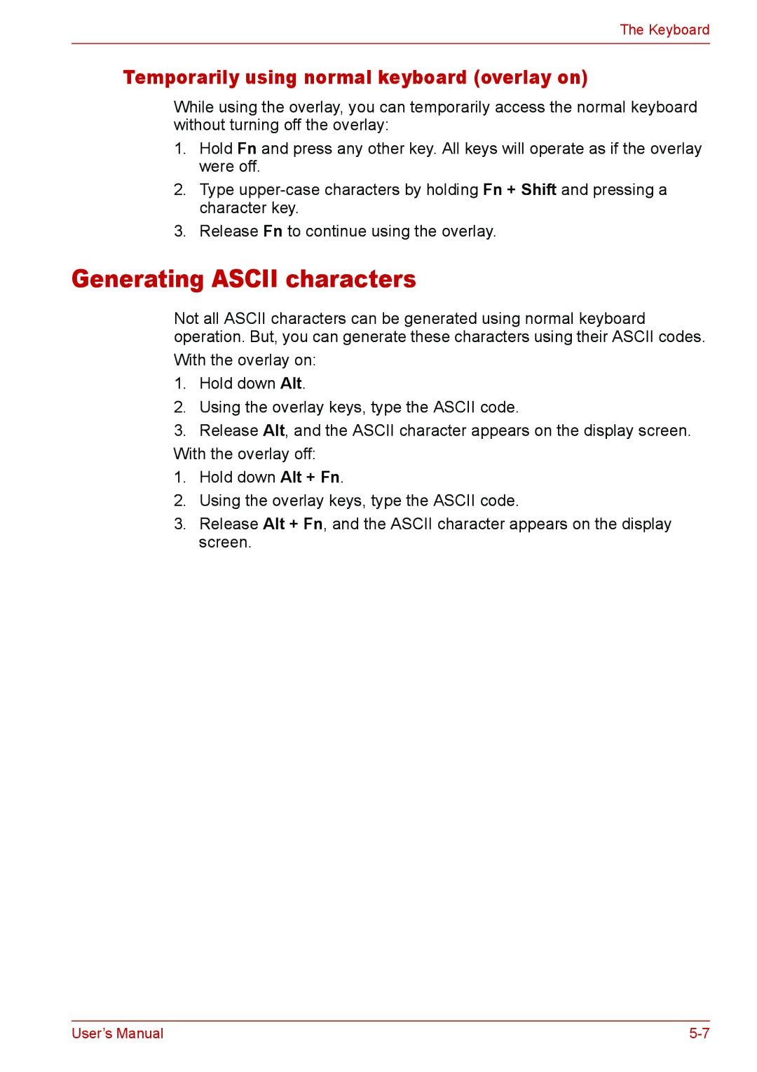 Toshiba L310 user manual Generating Ascii characters, Temporarily using normal keyboard overlay on 