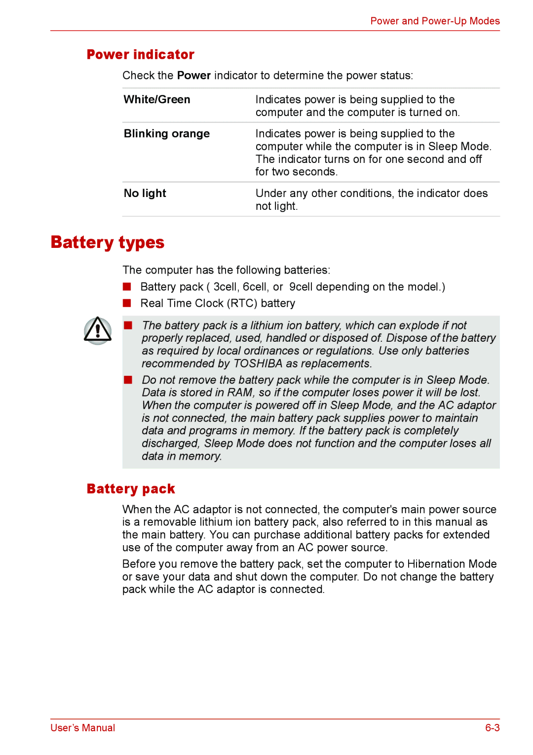 Toshiba L310 user manual Battery types, Power indicator, Battery pack, Blinking orange 