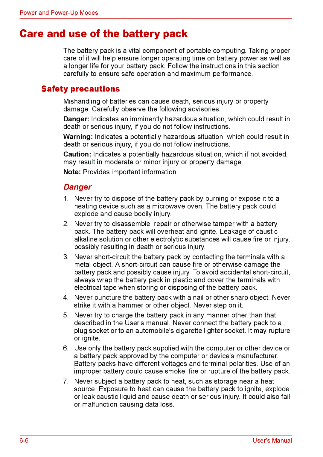 Toshiba L310 user manual Care and use of the battery pack, Safety precautions 