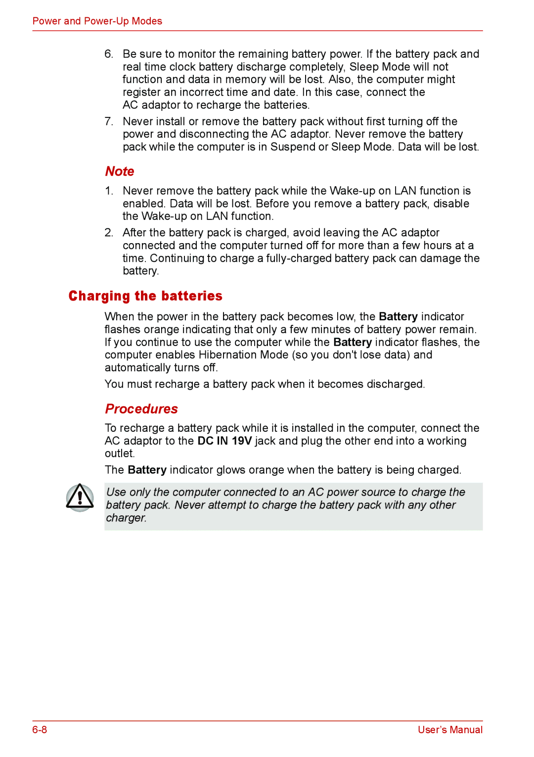 Toshiba L310 user manual Charging the batteries, Procedures 