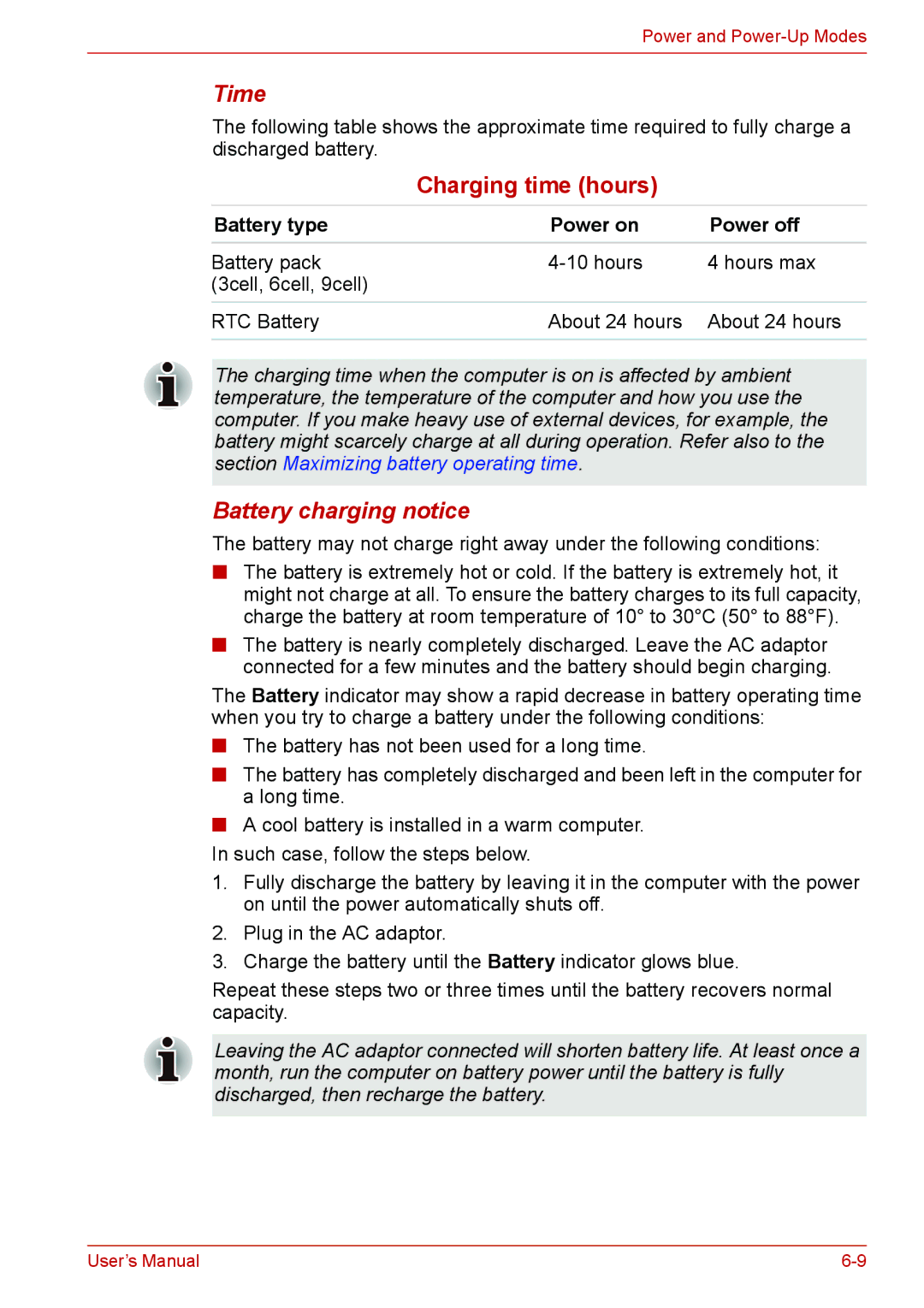 Toshiba L310 user manual Time, Battery charging notice, Battery type Power on Power off 