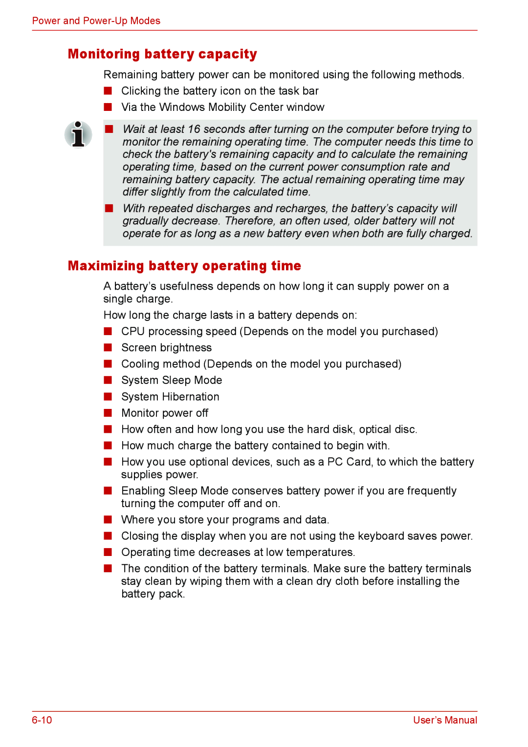 Toshiba L310 user manual Monitoring battery capacity, Maximizing battery operating time 