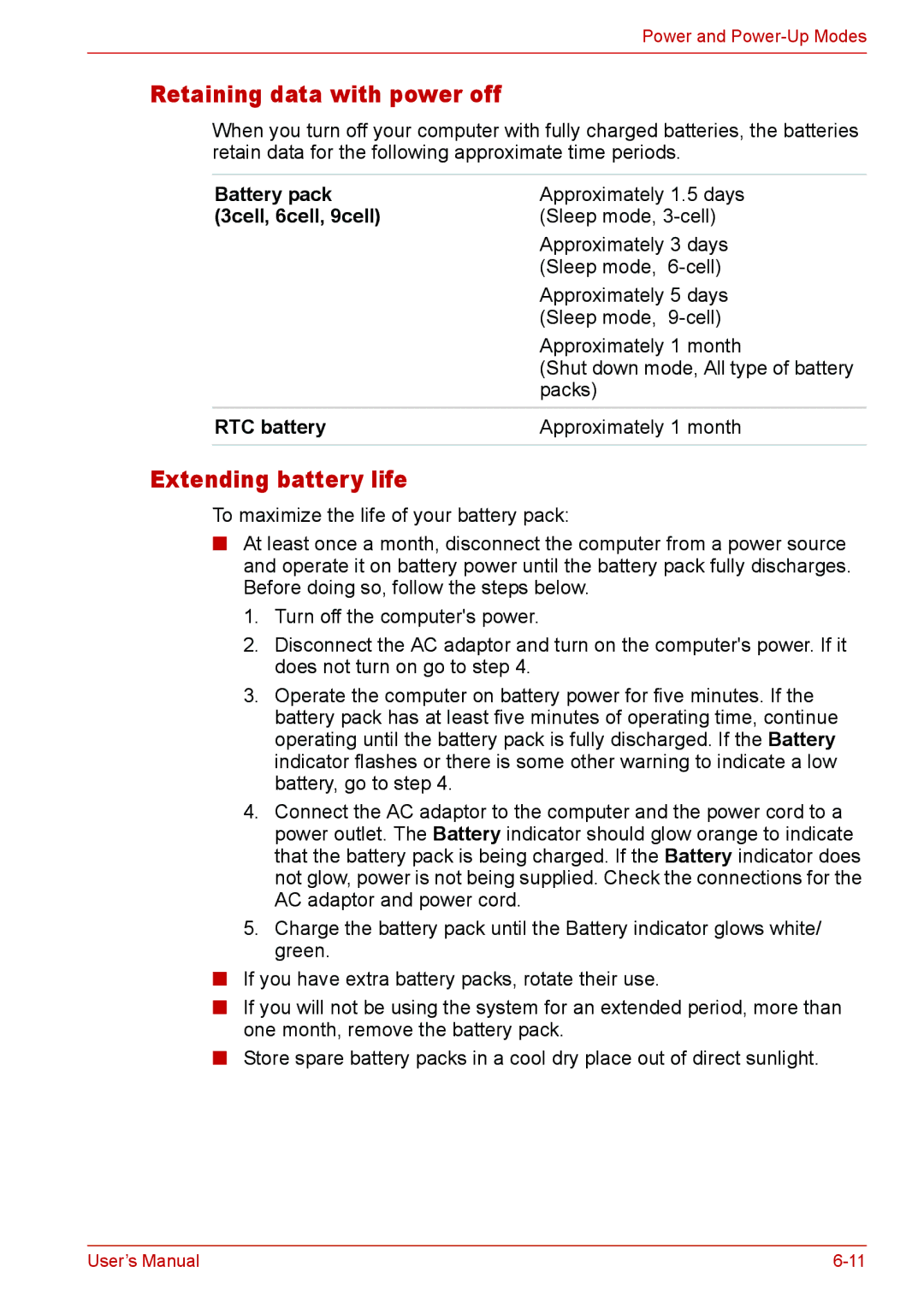 Toshiba L310 user manual Retaining data with power off, Extending battery life, 3cell, 6cell, 9cell 