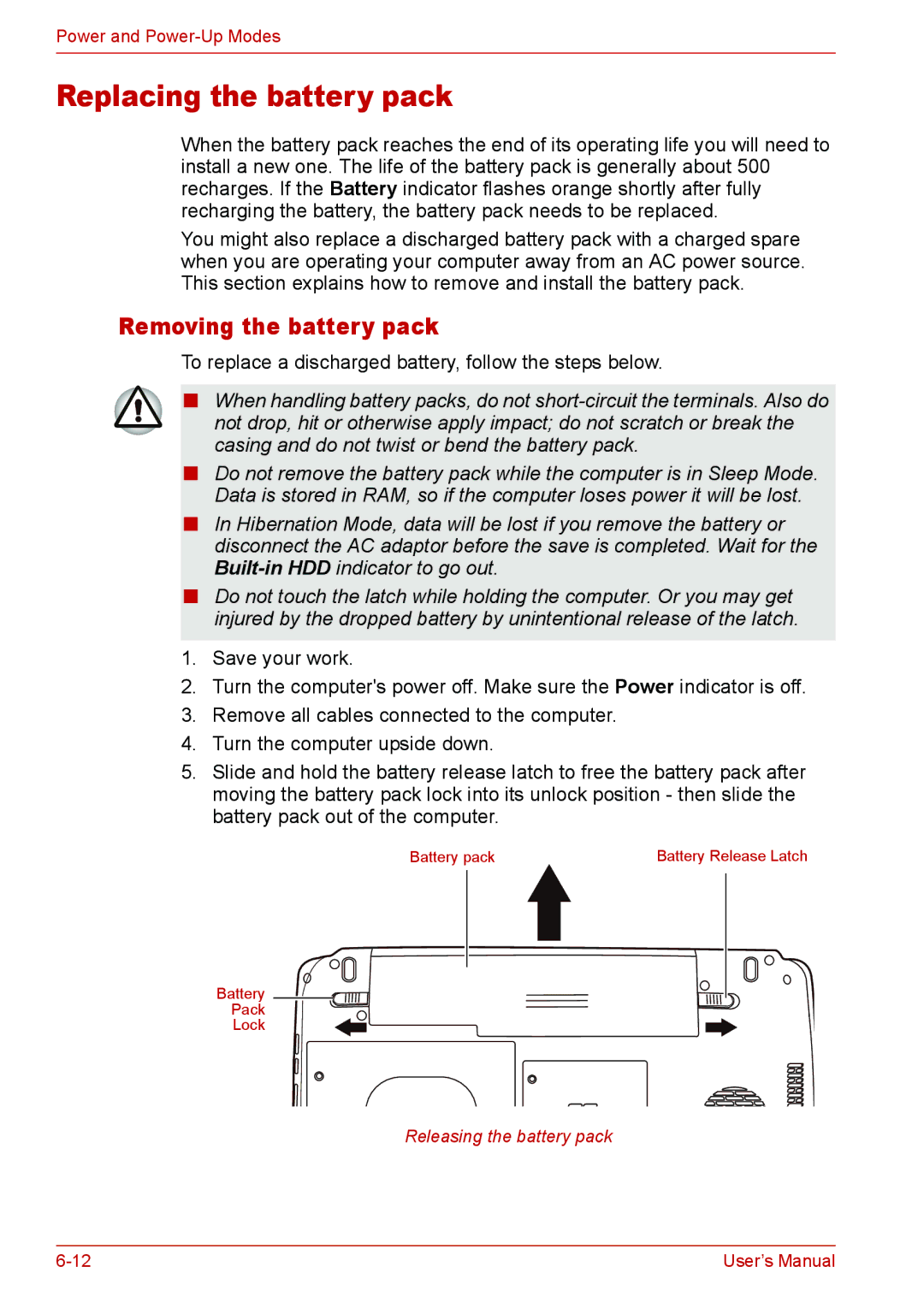 Toshiba L310 user manual Replacing the battery pack, Removing the battery pack 