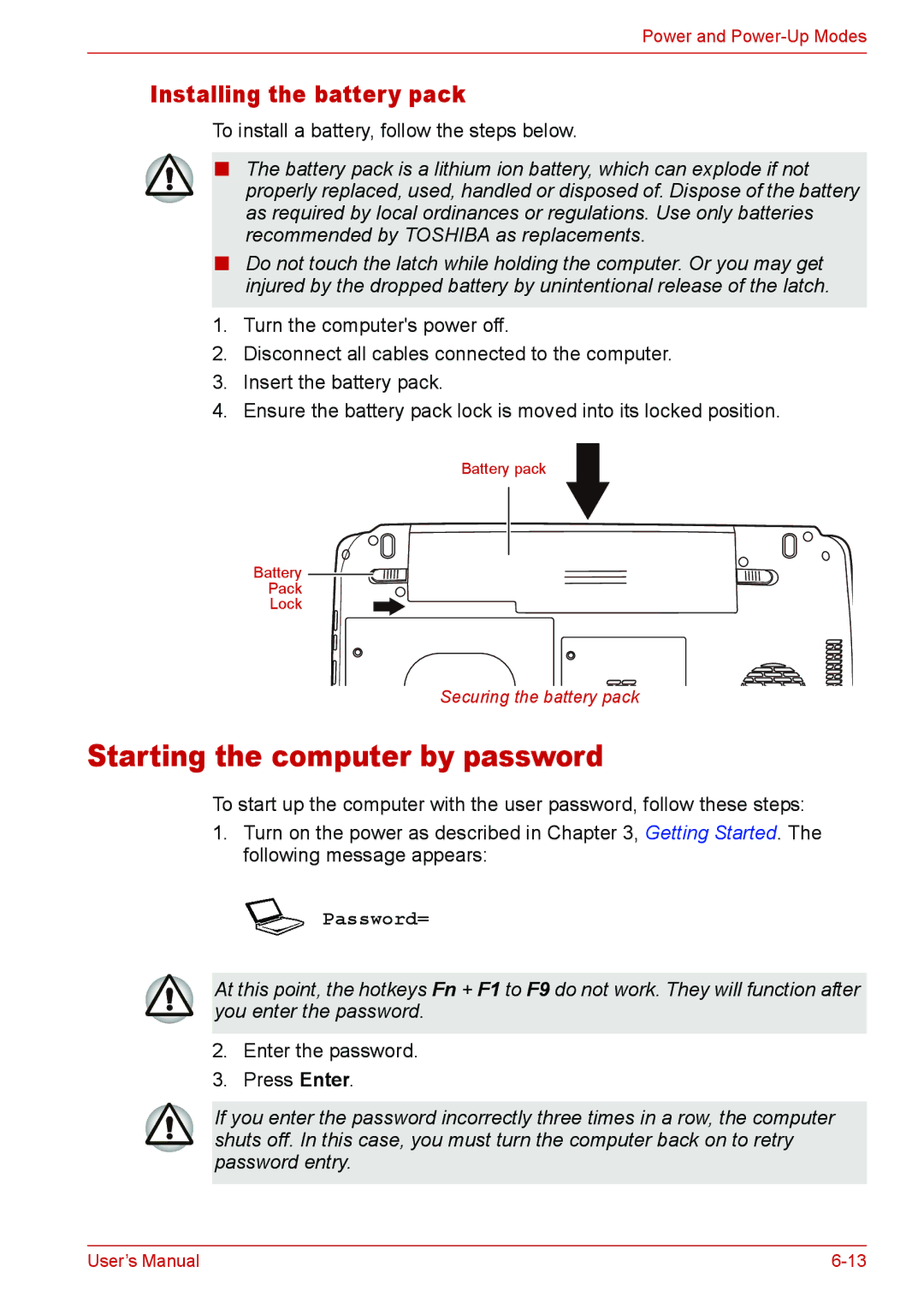 Toshiba L310 user manual Starting the computer by password, Installing the battery pack 