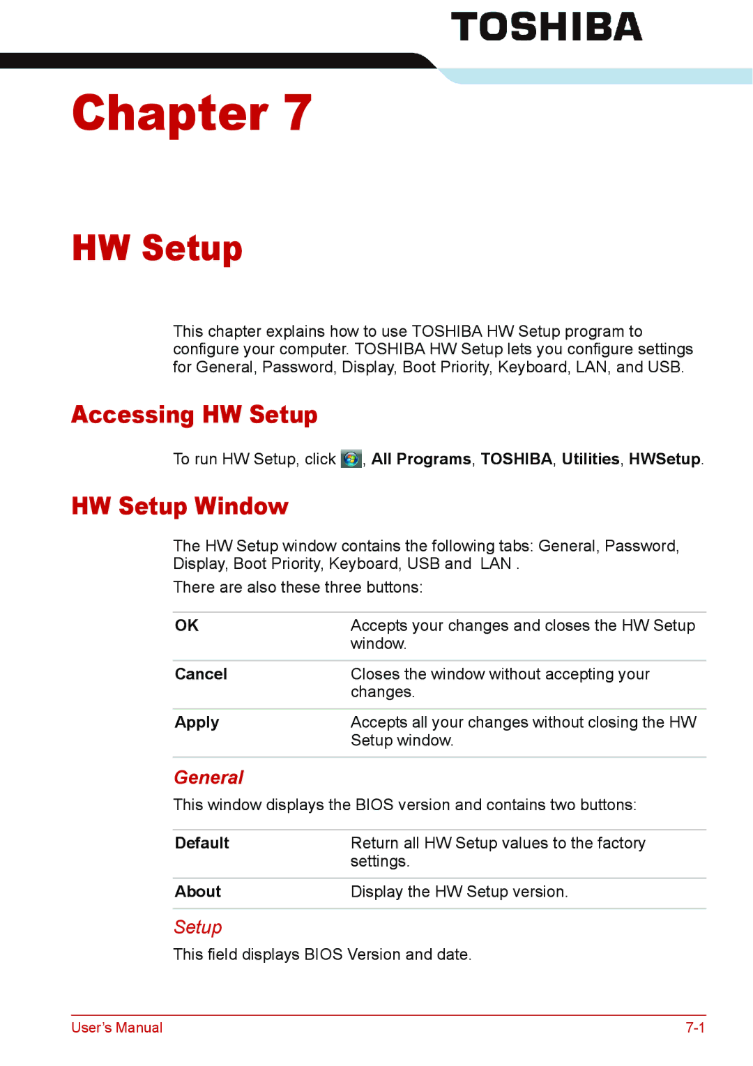 Toshiba L310 user manual Accessing HW Setup, HW Setup Window 