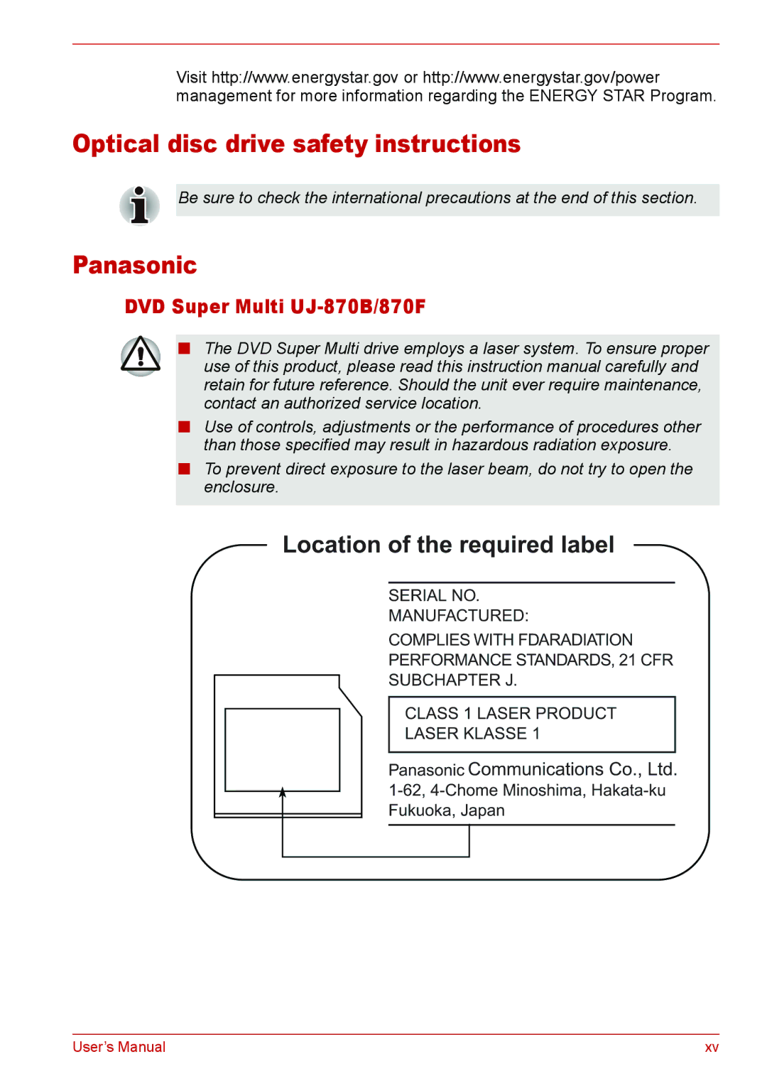 Toshiba L310 user manual Optical disc drive safety instructions, Panasonic, DVD Super Multi UJ-870B/870F 