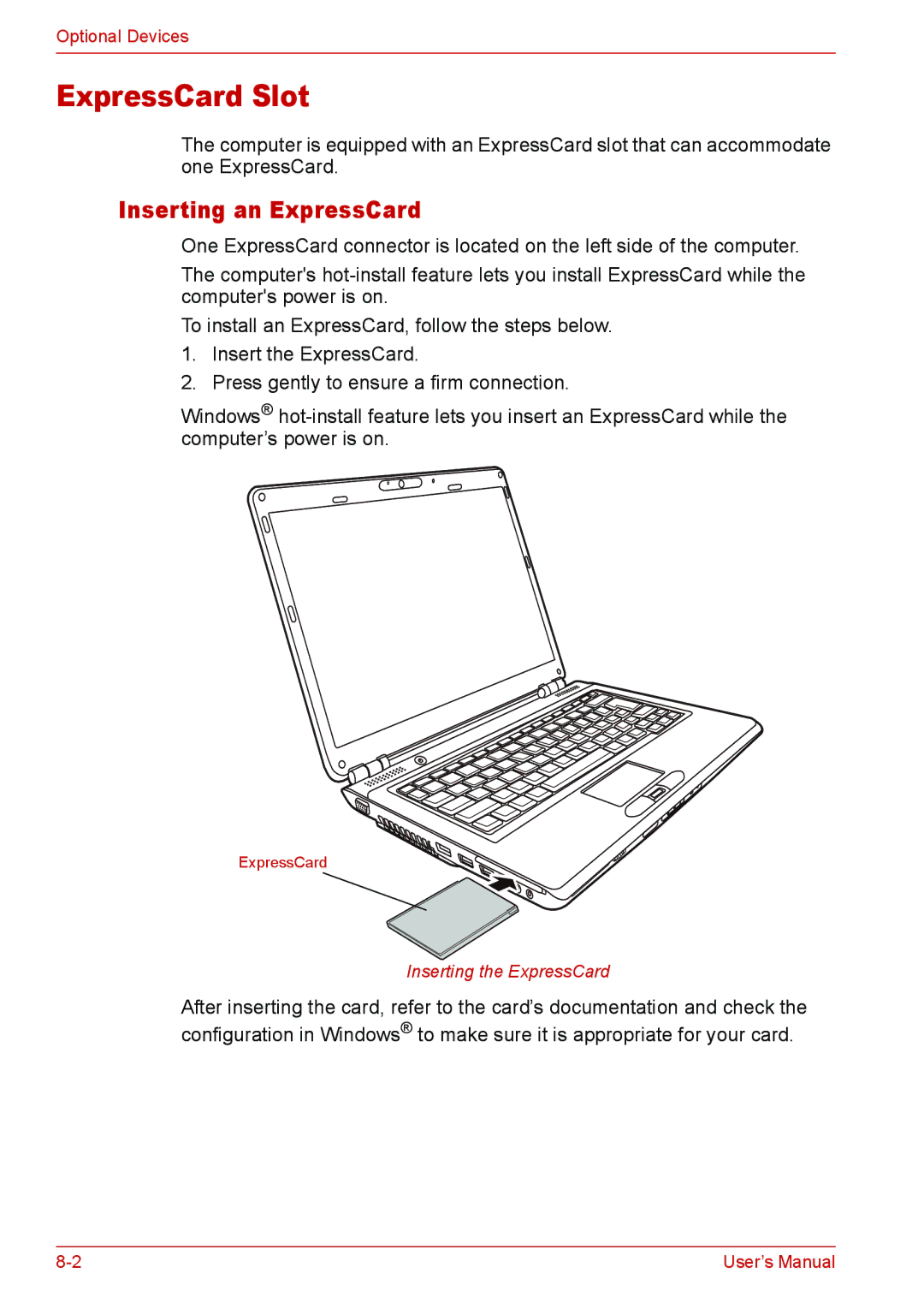 Toshiba L310 user manual ExpressCard Slot, Inserting an ExpressCard 