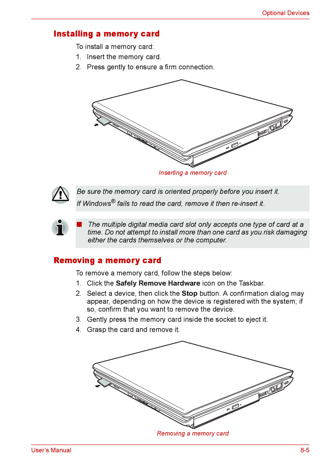 Toshiba L310 user manual Installing a memory card, Removing a memory card 