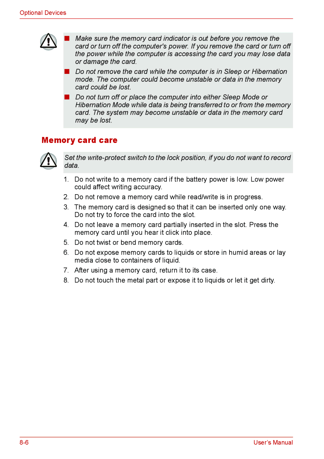 Toshiba L310 user manual Memory card care 