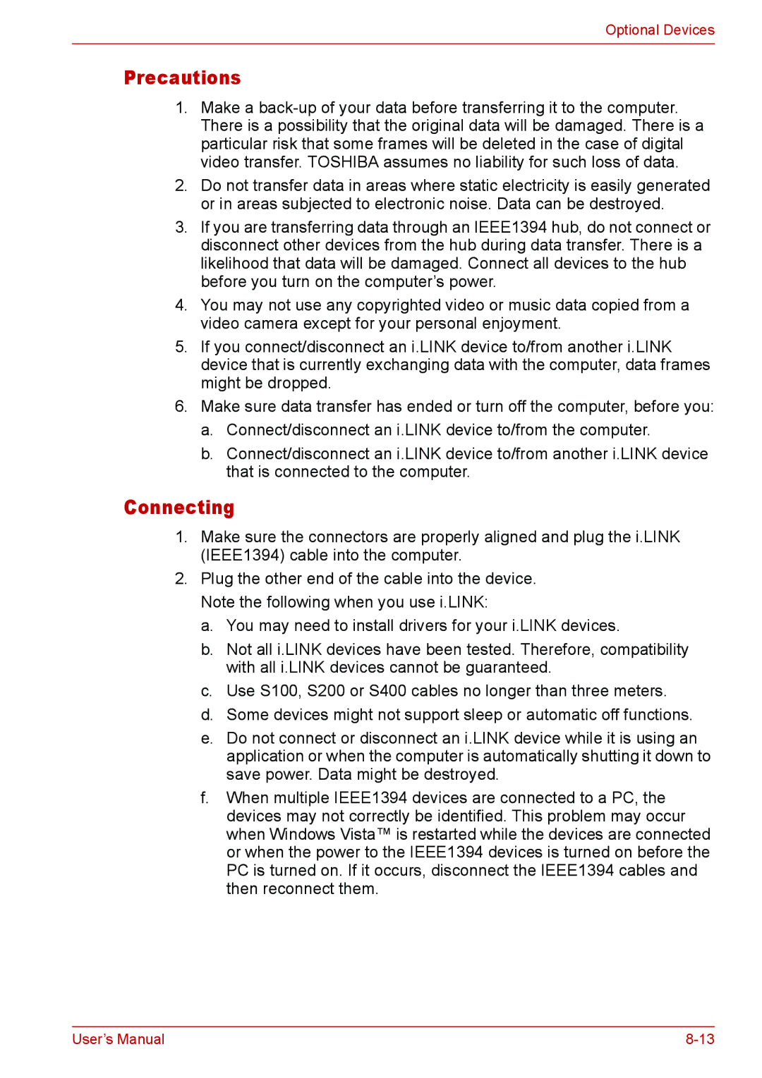 Toshiba L310 user manual Precautions, Connecting 