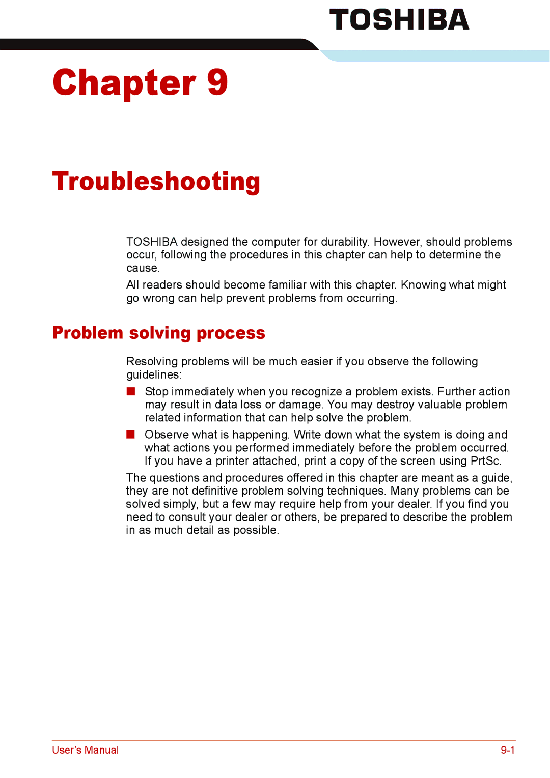 Toshiba L310 user manual Troubleshooting, Problem solving process 