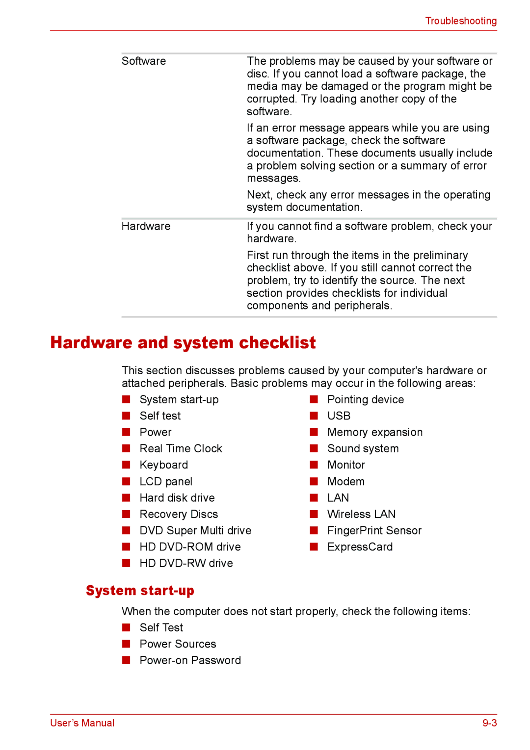 Toshiba L310 user manual Hardware and system checklist, System start-up 