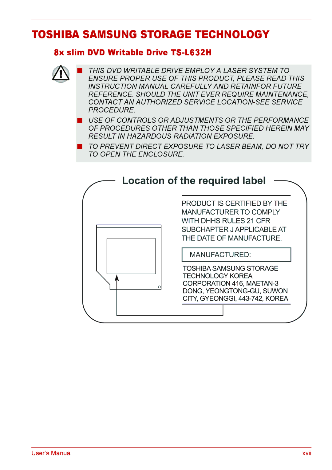 Toshiba L310 user manual Toshiba Samsung Storage Technology, 8x slim DVD Writable Drive TS-L632H 