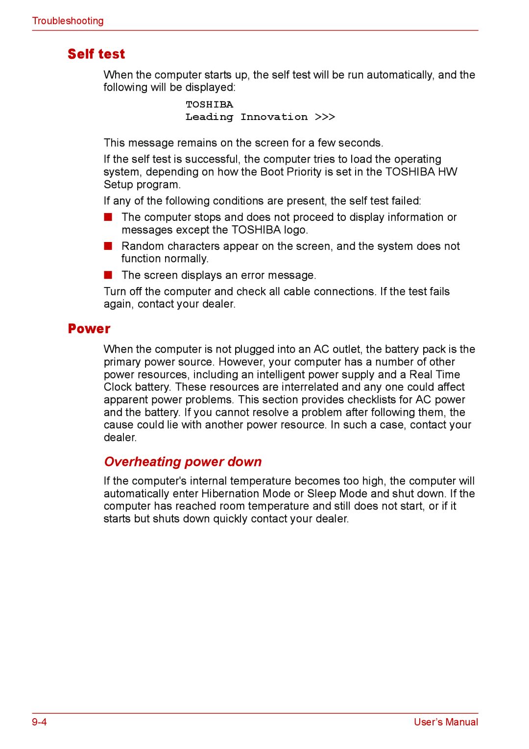 Toshiba L310 user manual Self test, Power, Overheating power down 