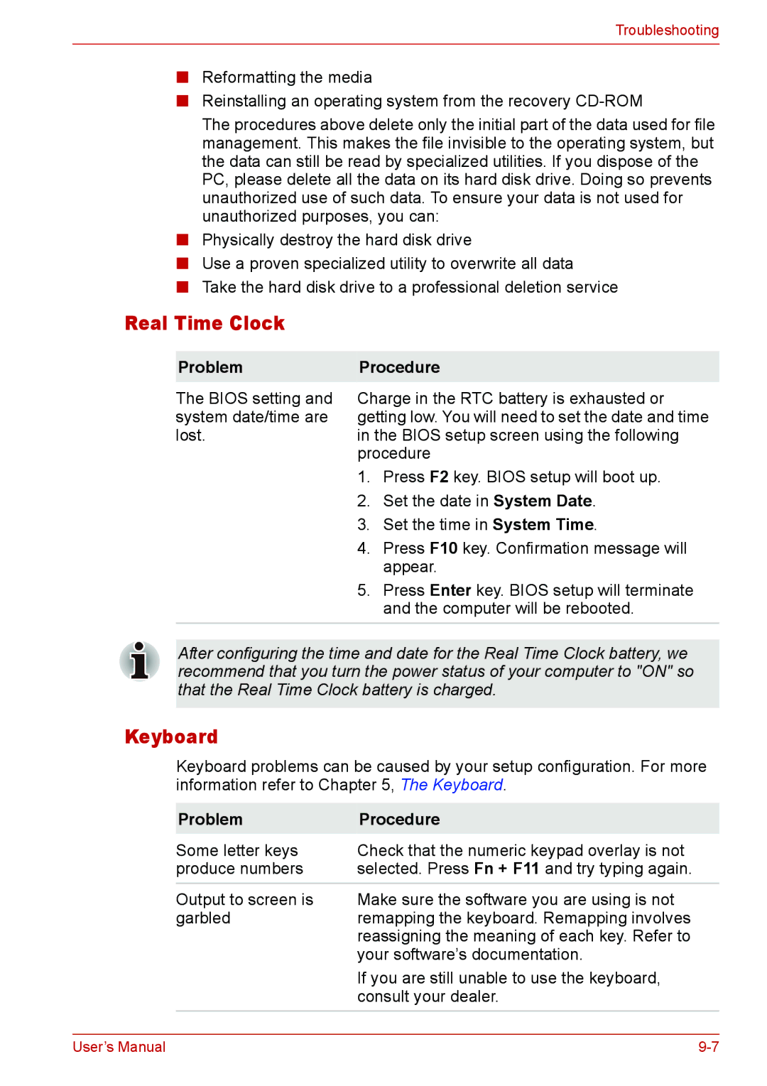 Toshiba L310 user manual Real Time Clock, Keyboard 