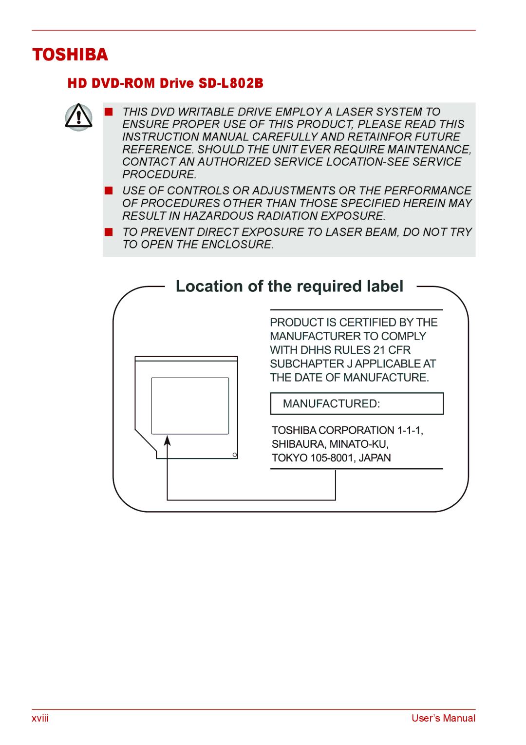 Toshiba L310 user manual Toshiba, HD DVD-ROM Drive SD-L802B 