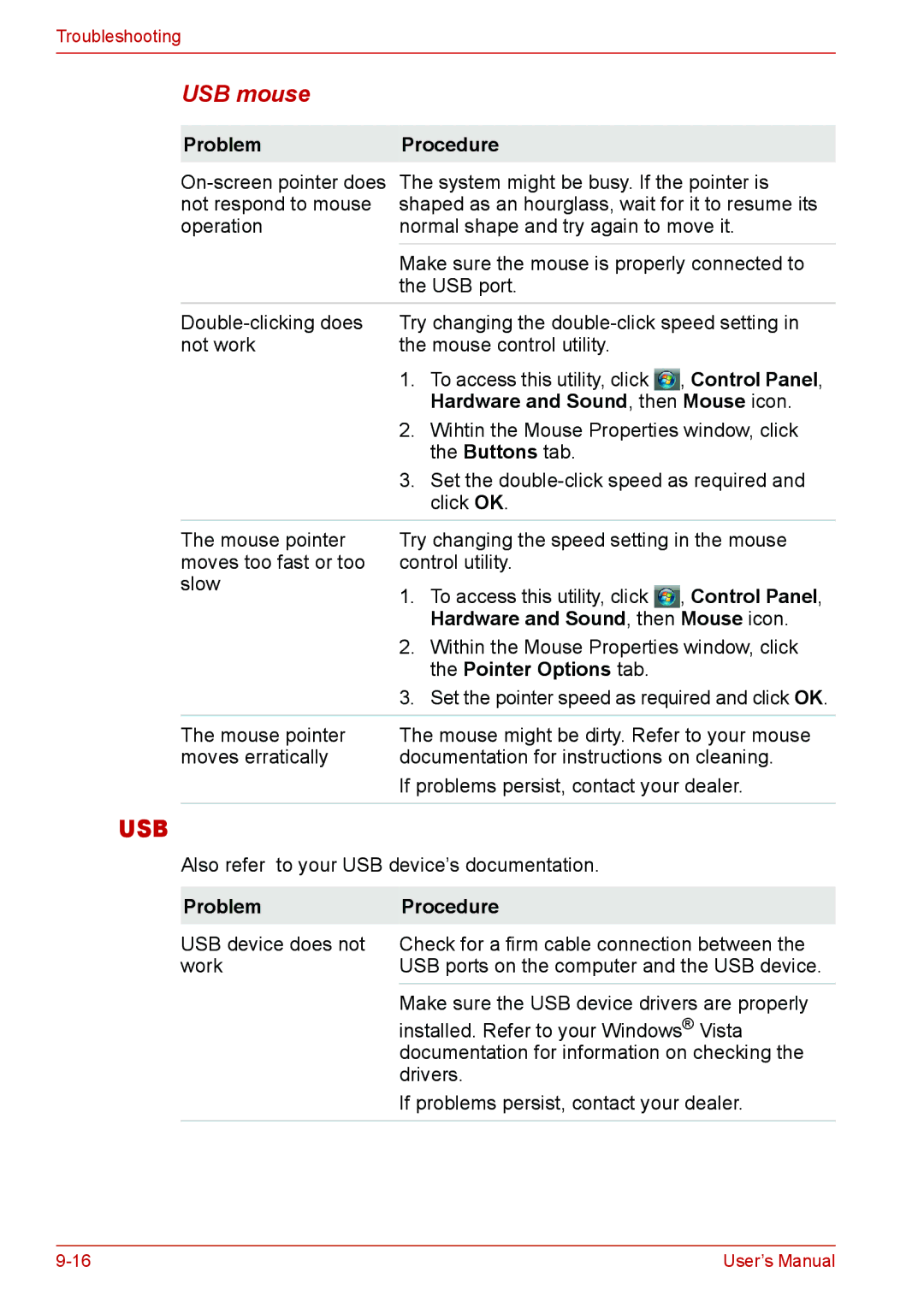 Toshiba L310 user manual Usb, USB mouse 