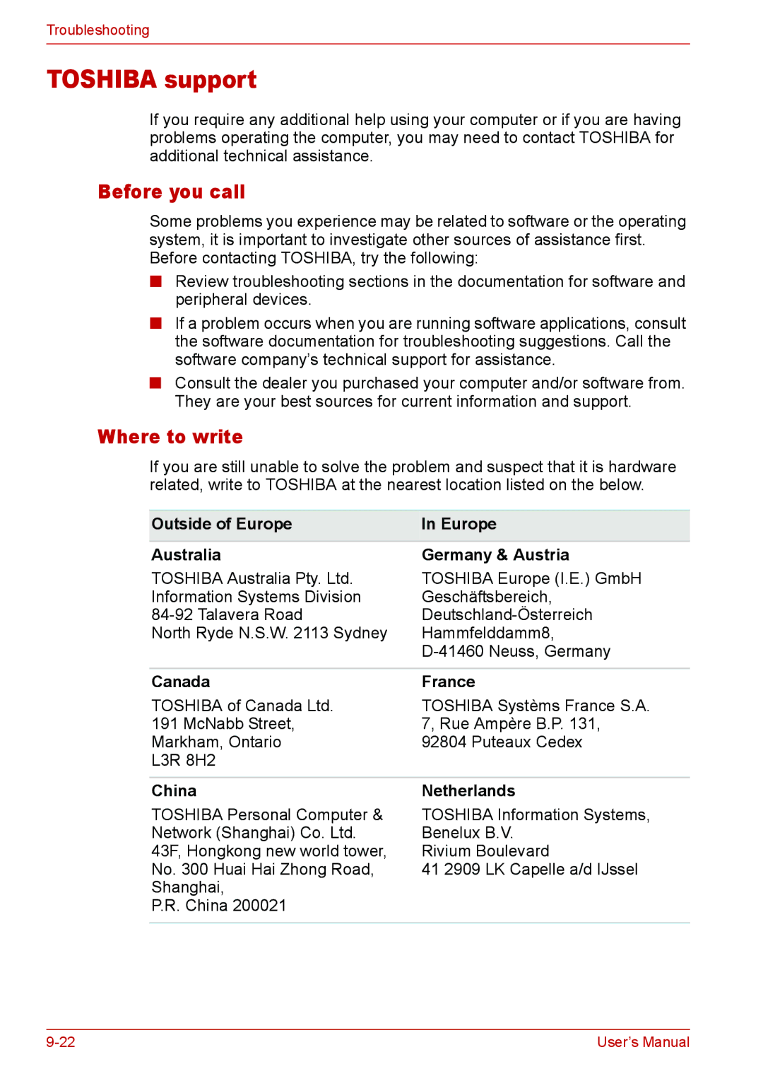 Toshiba L310 user manual Toshiba support, Before you call, Where to write 